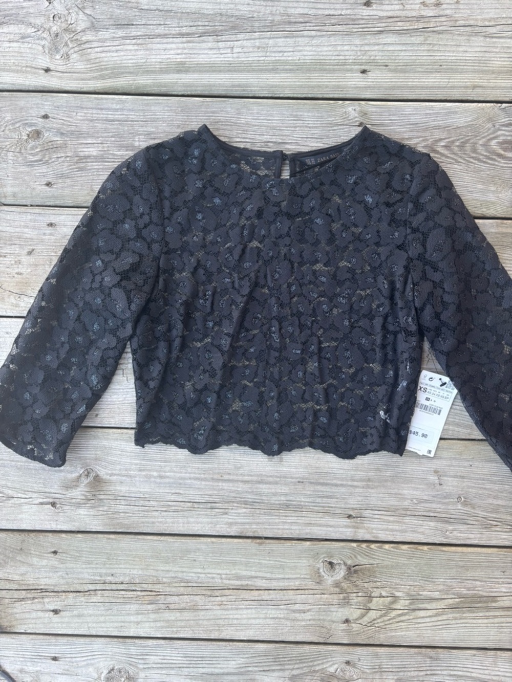 Zara Black Lace Sheer Cropped Top XS Floral 3/4 Sleeve NWT